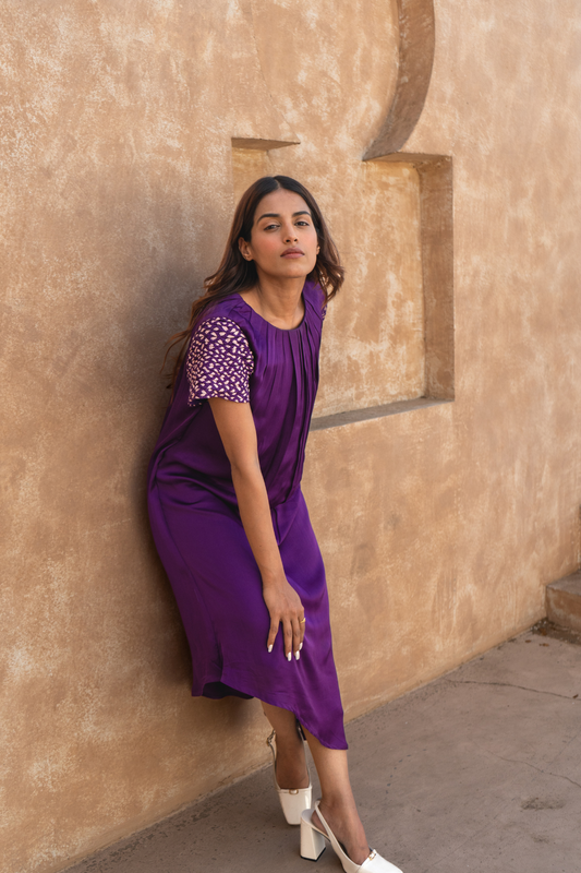 Purple-Pink Braided Sleeve Midi Dress