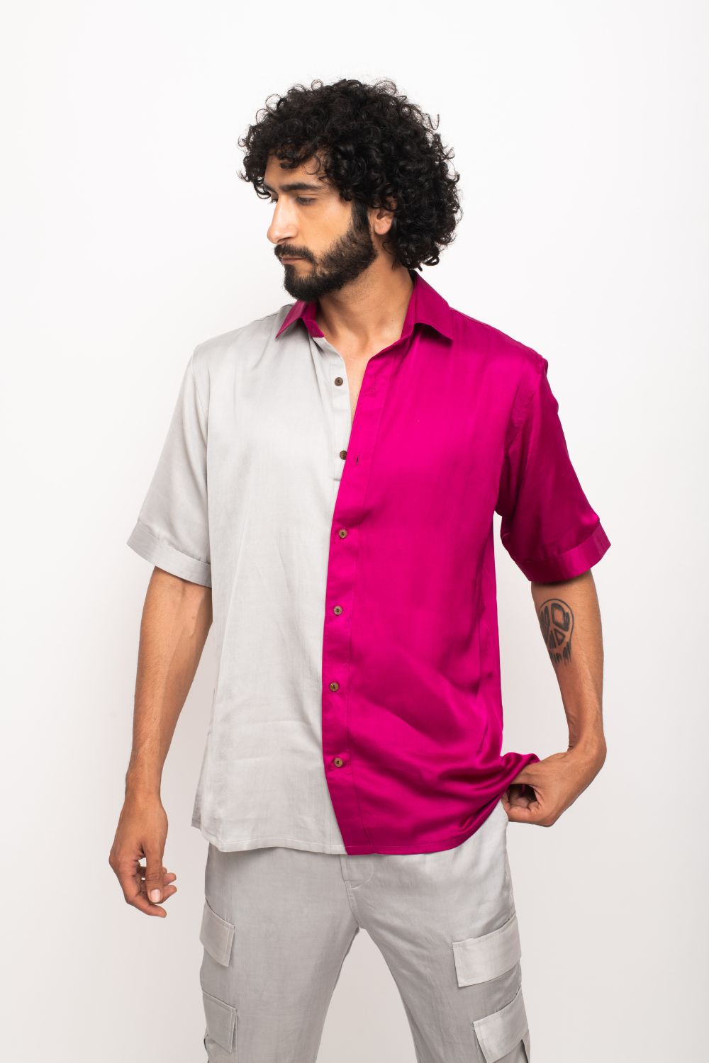 Grey-Wine Colorblocked Shirt