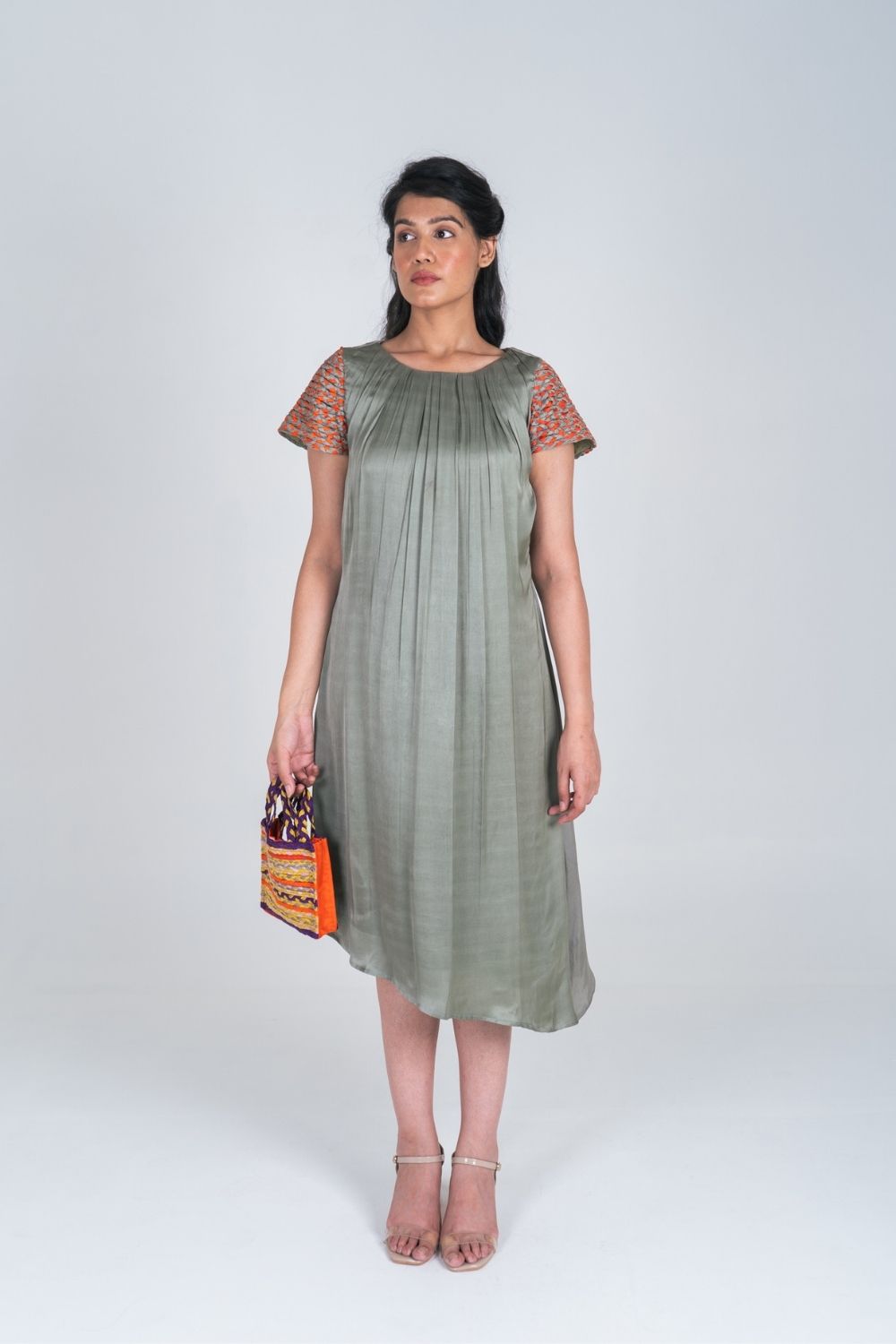 Green-Orange Braided Sleeve Midi Dress