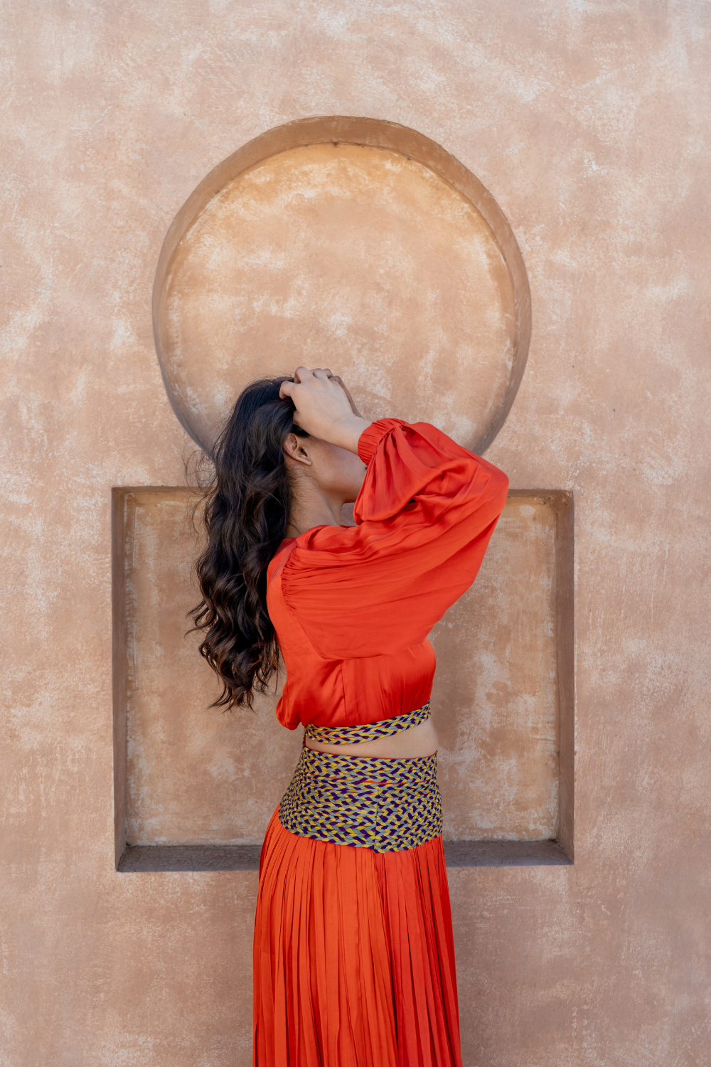 Orange Skirt Set with Color-Blocked Braids