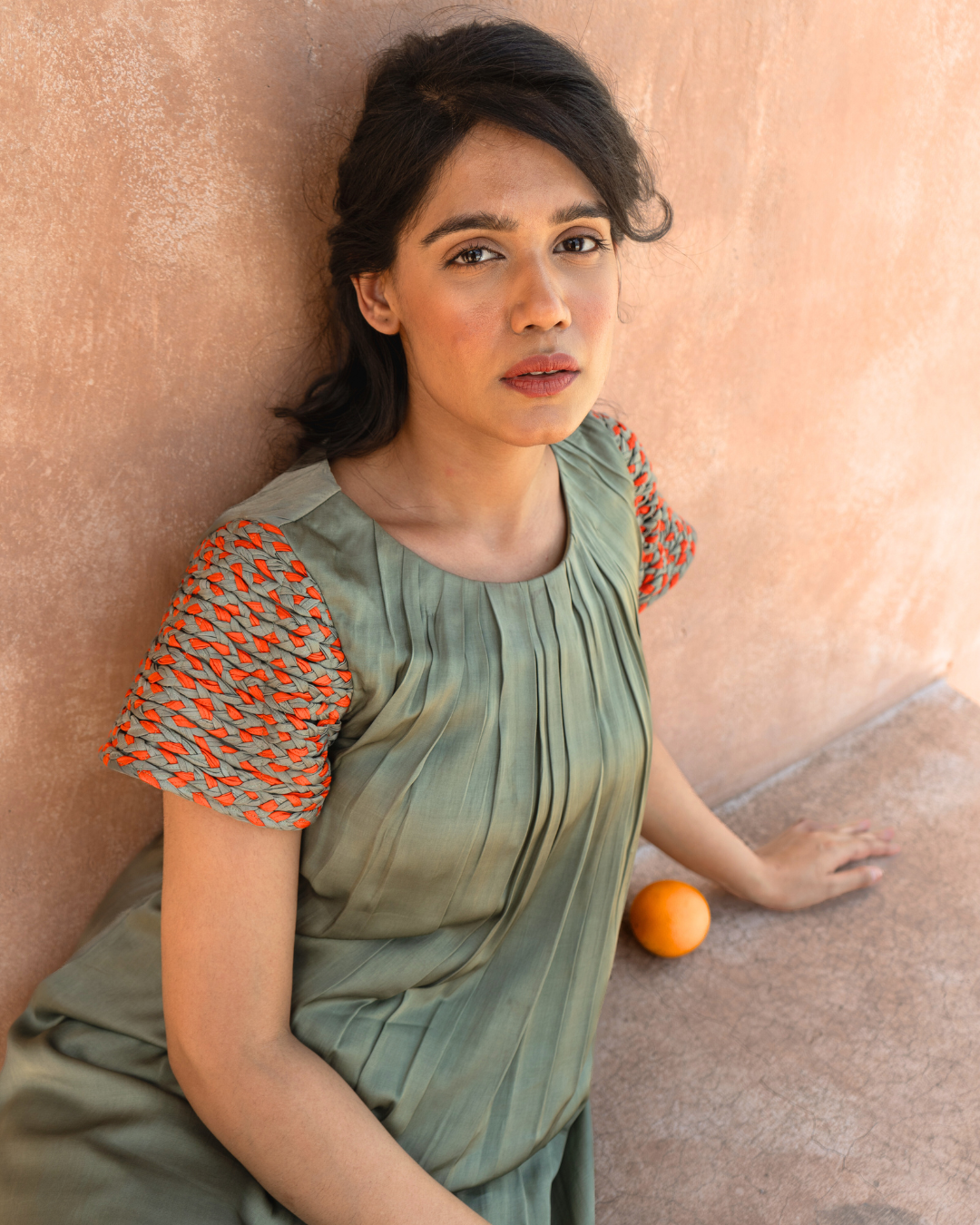 Green-Orange Braided Sleeve Midi Dress