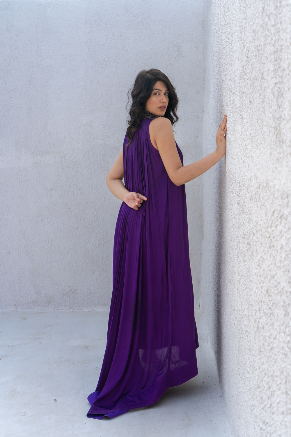 Purple-Green Braided Halter Neck Gather Gown