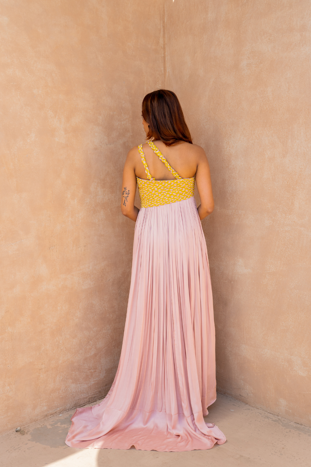 Pink-Yellow Braided Bustier Gather Gown