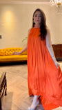 Orange-Pink Braided Halter Neck Gather Gown