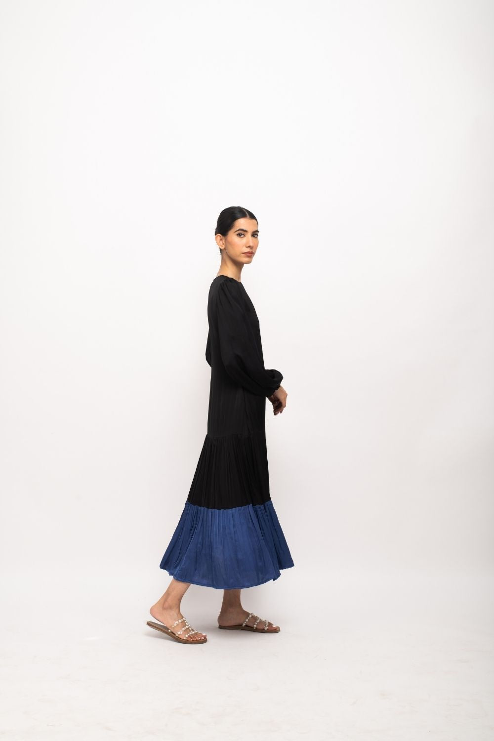 Black-Blue Gather Maxi Dress