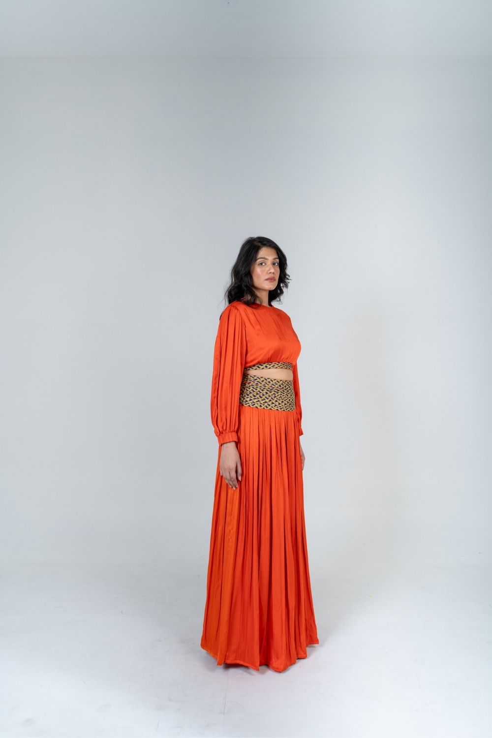 Orange Skirt Set with Color-Blocked Braids