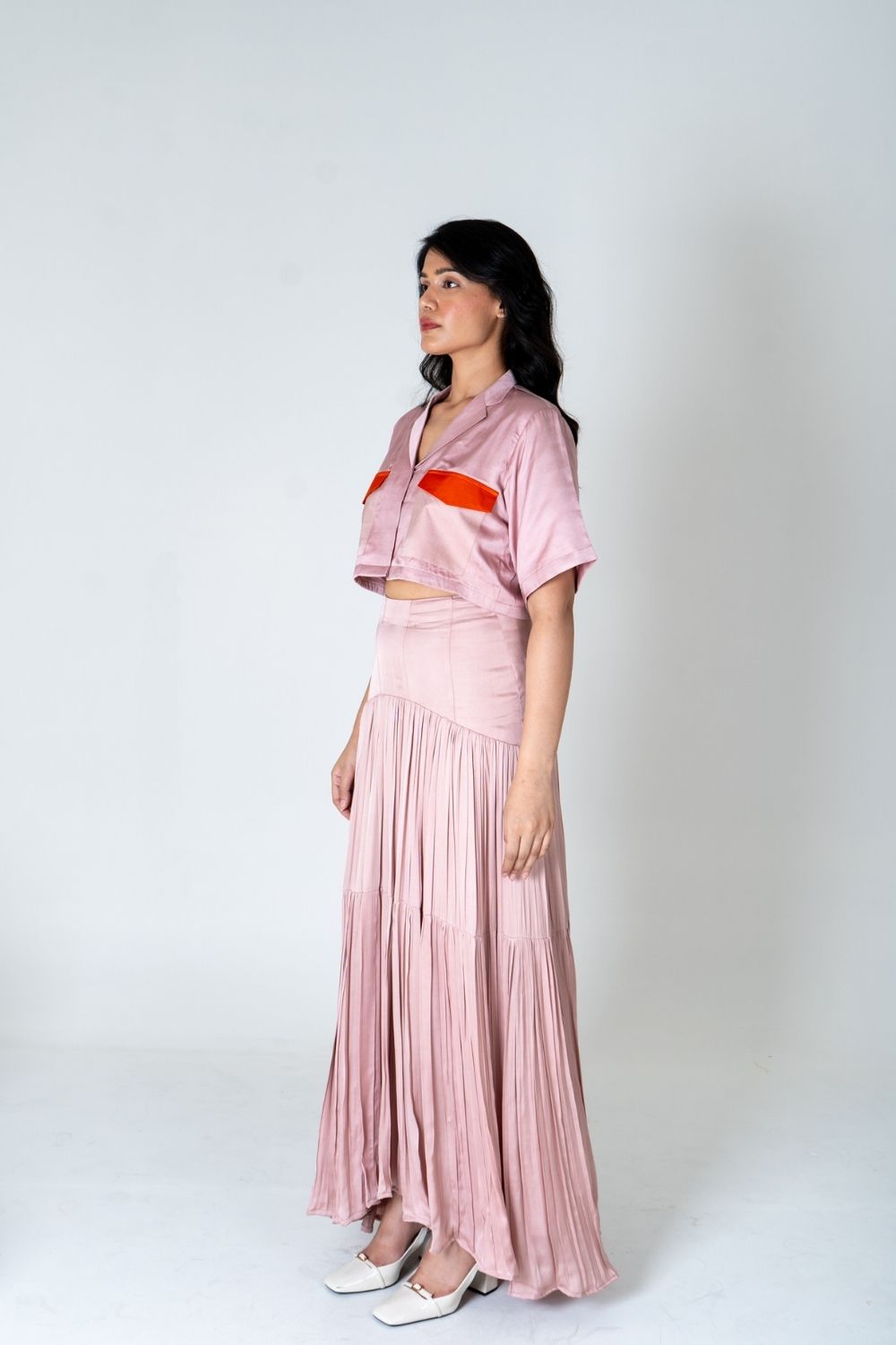 Pink-Orange Color-Blocked Maxi Skirt Set