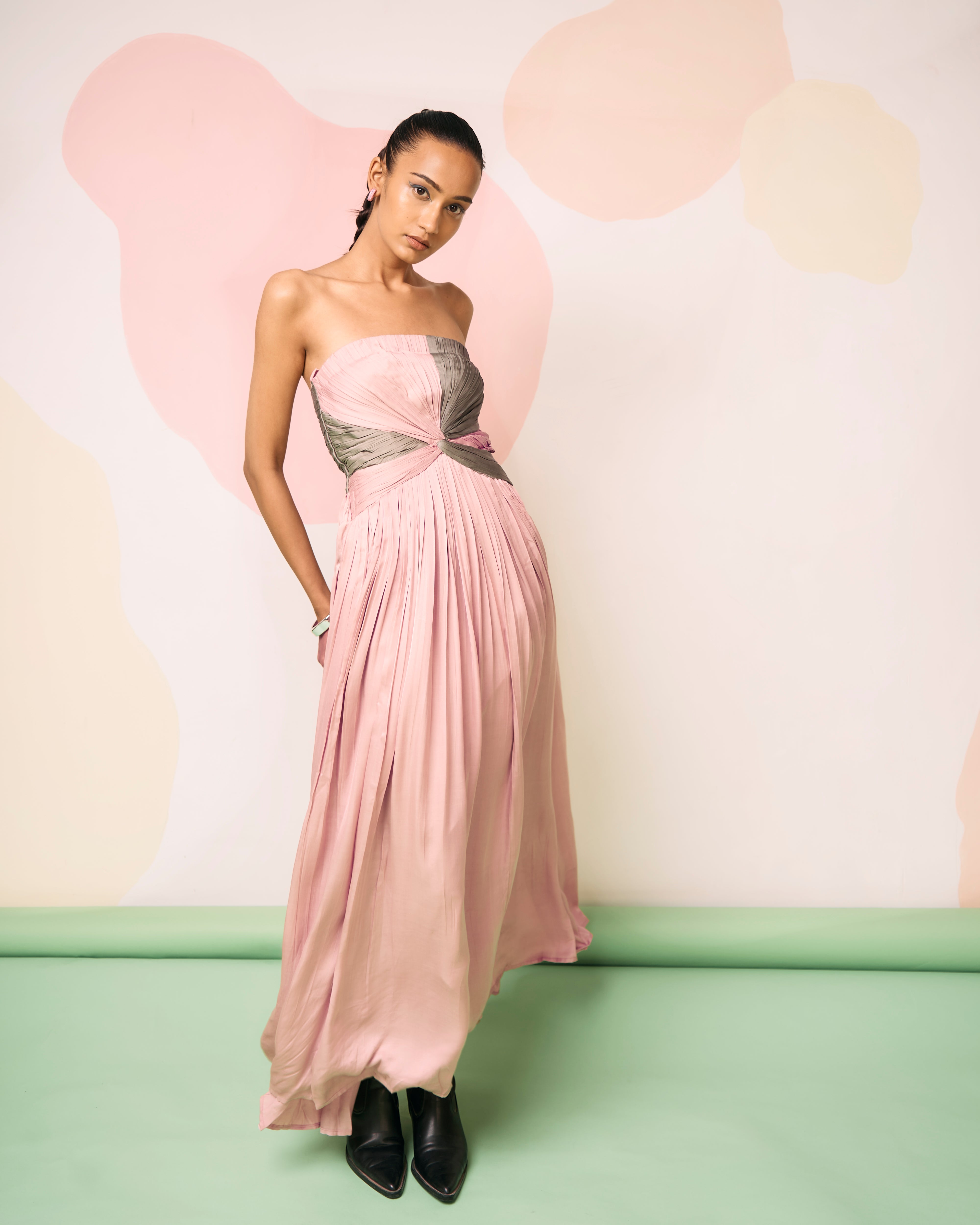 Pink-Green Drape Gown