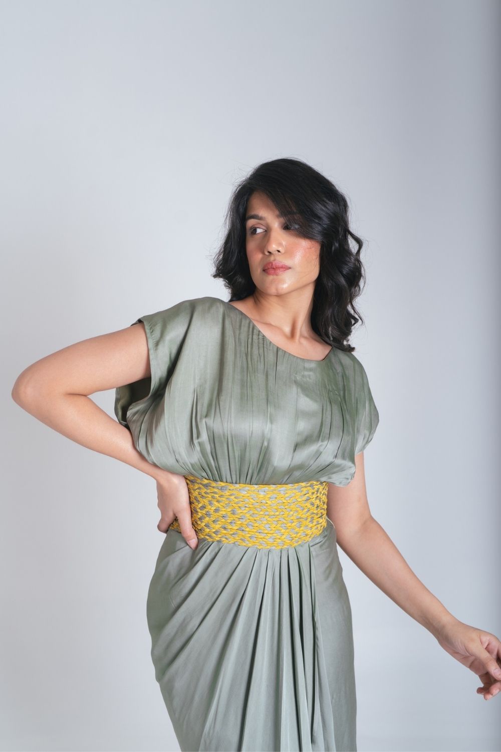 Green-Yellow Braided Cocktail Gown